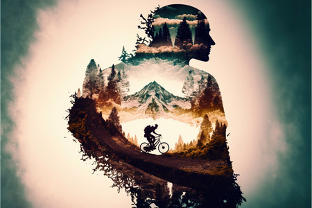 Image of double exposure silhouette biker and mountain forest landscape in creative modern abstract art. Nature and outdoor adventure or extreme sport in the wilderness concept. Superb Generative AI.の素材