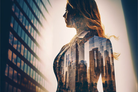 Ambitious businesswoman in black suit-clad profile with background residential city highrise buildings in double exposure, Successful businesspeople with strategic plans. Superb Generative AI.の素材