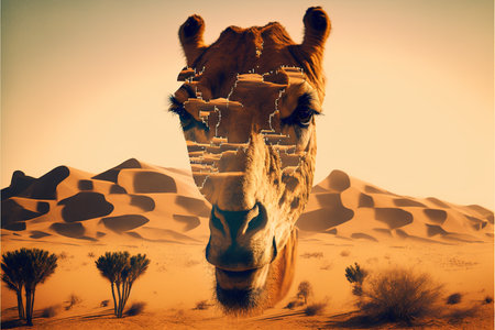 Camel abstract artwork in double exposure of sahara desert, animal art with sand landscape as dromedary with nature background concept. Superb Generative AI.の素材