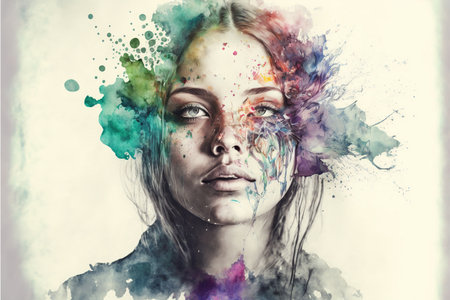Woman with vivid watercolor explosion on her head as symbol for inner stress and negative though for intense splashing emotion mental health in modern abstract art design. Superb Generative AI.の素材