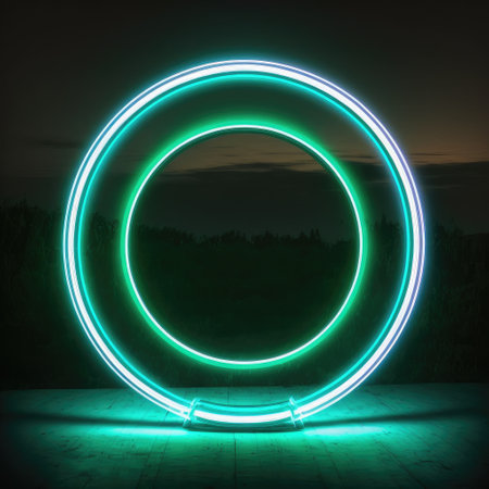 Abstract art in landscape view in neon spotlight circle frame. Concept of glowing geometric shape at night time. Finest generative AI.の素材