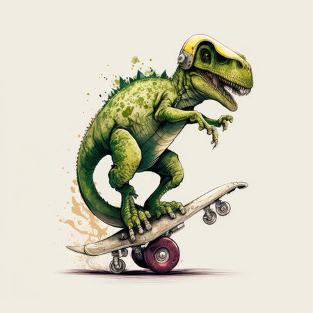 Cute dinosaurs ridding skateboard or scooter isolated white background. Concept of funny graphic cartoon in t-tex. Finest generative AI.の素材