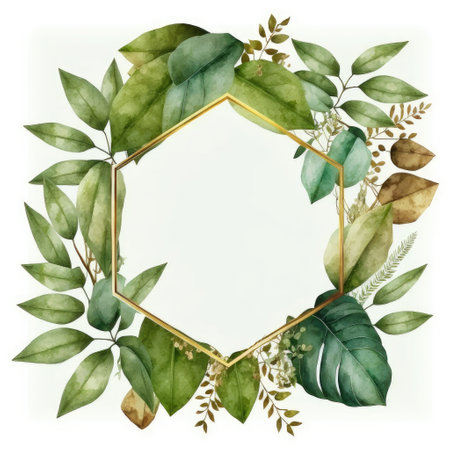 Hexagon frame of green leaves with watercolor painting with watercolor painting isolated on white background. Theme of vintage minimal art design in geometric. Finest generative AI.の素材