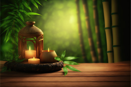 Focus wooden table with spa product isolated on blurred bamboo tree background. Concept of blank space for advertising product. Finest generative AI.の素材