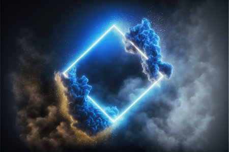 Abstract futuristic neon frame with geometric shape and stormy cloud on night sky. Concept of exploding mist with golden and blue color through frame picture. Finest generative AI.の素材