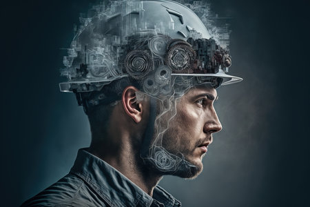 Electrical engineering concept design. electrician or engineer wear hardhat with double exposure effect on his head feature with wondrous electric circuit or wire pattern texture by Generative AI.の素材