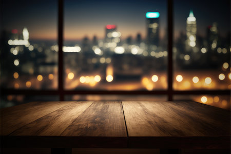 Empty wooden table with large window view through cityscape background. Concept of building office or condominium outside perspective. Finest generative AI.の素材