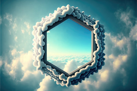 Frame made with white cloud in the sky in hexagon shape. Concept of fantasy luxurious window. Finest generative AI.の素材