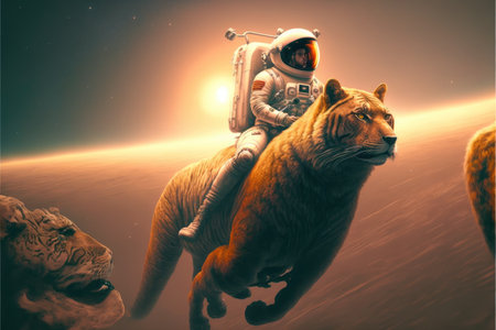 Astronaut riding big cat on Mars landscape. Concept of orange light on outer. Finest generative AI.の素材
