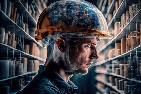 Technological engineer portrait ensuring high-quality and precise production quota on factory assembly line in wondrous double exposure. Manufacturing engineering technology concept by Generative AI.の素材