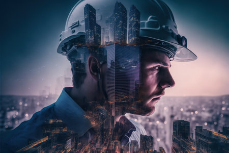 Civil engineer portrait as concept for building construct by professional with hardhat helmet engineer with wondrous double exposure of cityscape, urban with background of skyscraper by generative AIの素材