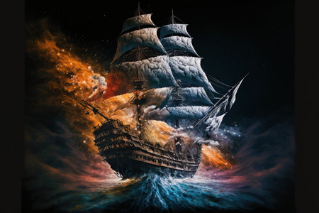Wondrous illustration work of enchanted sailing ship travel through cosmical space and ocean wave in fantasy starry universe sky background. Artwork of pure imagination and wonder by Generative AI.の素材