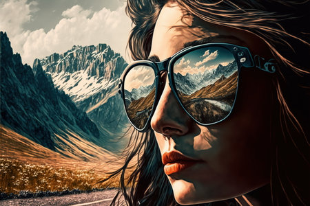 Adventure and natural travel in the wondrous mountain landscape and beautiful sky concept portrayed by young woman wearing sunglasses with reflection of the nature environment by Generative AI.の素材
