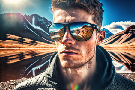 Sunglasses mirrored reflection of the wondrous mountain path and sunny sky portrayed by hiker man in natural adventurous and nature exploring concept by Generative AI.の素材