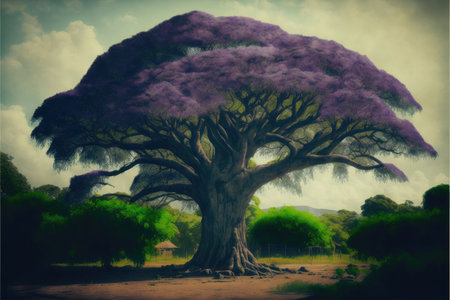 Giant tree in purple color leaves feel like fairytale during summer or spring time. Located in deep village of savanna landscape with trees and pond. Finest generative AI.の素材