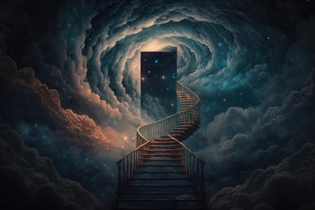 Magical stair up to night sky full of stars. superlative generative AI image.の素材