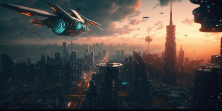 Science fiction fantasy world cityscape skyline with futuristic building architecture. superlative generative AI image.の素材