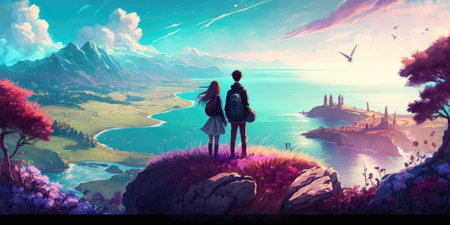 Hiker looking at breathtaking scenery of mountain landscape in hand drawn oil color cartoon style. superlative generative AI image.の素材