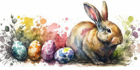 Happy bunny rabbit with easter eggs. Colorful Easter holiday celebration. superlative generative AI image.の素材