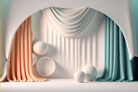Beautiful object modern abstract stage background with colorful pastel color curtain in minimal design. Realistic mock up for product promotion. Superb Generative AIの素材