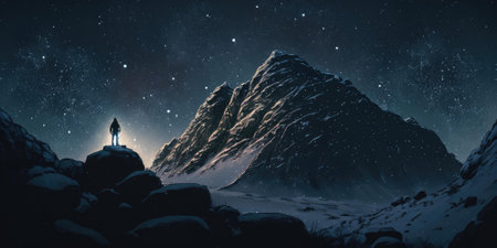 A journey of a lonely man through mountain landscape in the night sky. superlative generative AI image.の素材