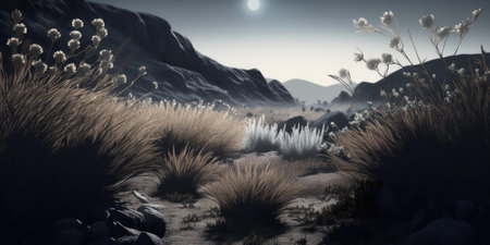 Wilderness landscape of arid mountain and blossoming flowers in spring season. superlative generative AI image.の素材