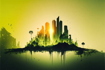 Green modern cityscape in contemporary abstract art background with skyscraper and highrises. Eco friendly city with forest foliage in double exposure. Superb Generative AI.の素材