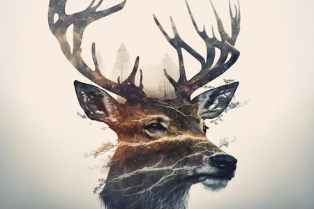 Beautiful deer in woods double exposure with natural background as concept of fertility forest and peaceful wildlife, exploring and adventure into wilderness of nature. Superb Generative AI.の素材
