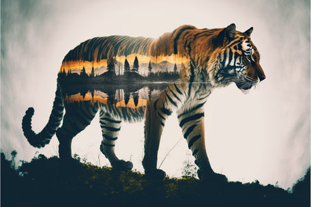 Striped bengal tiger in double exposure merge its head with lush forest design in background as majestic adventurous wildlife in nature. Superb Generative AI.の素材
