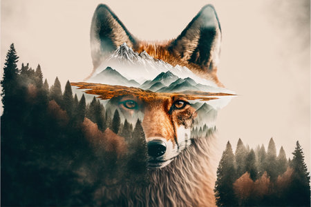 Contemporary abstract artwork double exposure of red fox and forest landscape design, concept of animal and natural wilderness adventure. Superb Generative AI.の素材