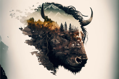 American male bison grazing on grassland with double exposure background of natural scenery in yellowstone. Large mammal body with fur and horn. Superb Generative AI.の素材