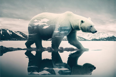 image shown by polar bear suffer due to melting ice caused by the impact of climate change on double exposure of global warming turning arctic hotter in background. Superb Generative AI.の素材