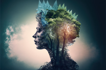 Majestic queen of the forest profile double exposure with natural greenery and foliage texture with crown floral design on her head. Fantasy princess of the woods. Superb Generative AI.の素材