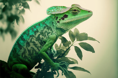 Contemporary abstract artwork double exposure of green lizard and forest landscape design, concept of animal and natural wilderness adventure. Superb Generative AI.の素材