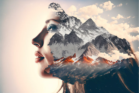 Double exposure woman portrait with cloudscape and mountain range background for sense of peaceful tranquility concept. Meditative natural freshness and mental abstract art. Superb Generative AIの素材