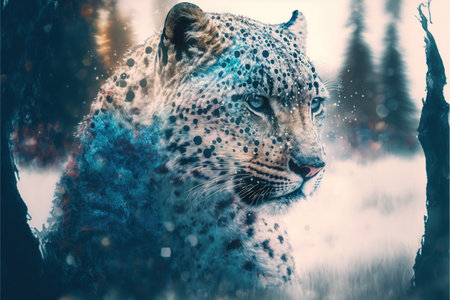 White leopard face in snow winter forest, predator in the wilderness. Creative artwork of wildlife animal. Superb Generative AI.の素材