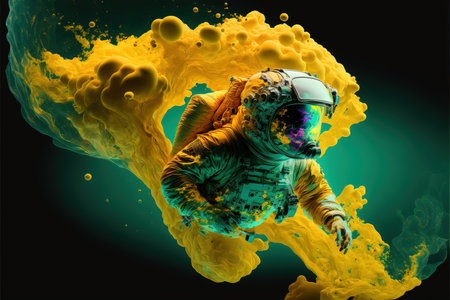 Contemporary abstract artwork of astronaut in space suit floating in the vastness of deep space and yellow fluid or smoke. Cosmic exploration or travel in state of mind concept. Superb Generative AI.の素材