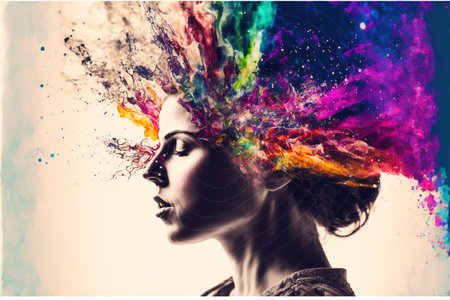 Woman with powerful vivid powder explosion on her head as symbol for inner stress and negative though for intense emotion mental health in modern abstract art design. Superb Generative AI.の素材