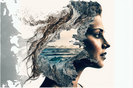 Double exposure image woman portrait with peaceful ocean sea wave, natural background for state of calm mind and psychological concept. Meditative and healthy mental abstract art. Superb Generative AIの素材
