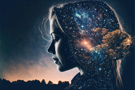Double exposure image of woman portrait with starry night and nebula background for state of mind and psychological concept. Meditative and mental ability abstract art. Superb Generative AIの素材