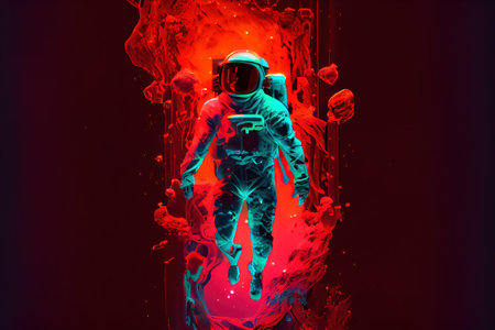 Contemporary abstract artwork of astronaut in space suit floating in the vastness of deep space and red fluid or smoke. Cosmic exploration or travel in the state of mind concept. Superb Generative AI.の素材