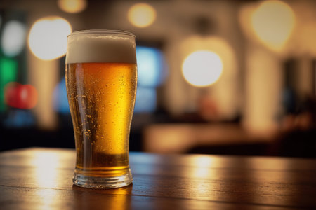 A glass of light beer on a table bar in pub . Admirable Generative AI image .の素材