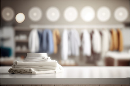 Focus table placing towel in blur laundry and washing machine background. Concept of blank space for advertising product. Finest generative AI.の素材