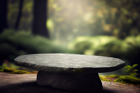 Empty stone table for product advertising display in fresh green jungle blur background . Admirable Generative AI image .の素材