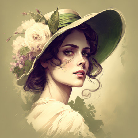 Image of pretty woman wearing hat decorated with flower and petal in victoria, vintage of dressing old fashion design. Finest generative AI.の素材