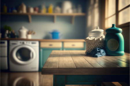 Focus empty wood table in blur laundry and washing machine background. Concept of blank space for advertising product. Finest generative AI.の素材