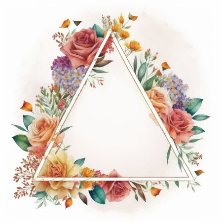 Watercolor pastel colorful drawing in triangle shape decorate with dried various flowers frame. Finest generative AI.の素材