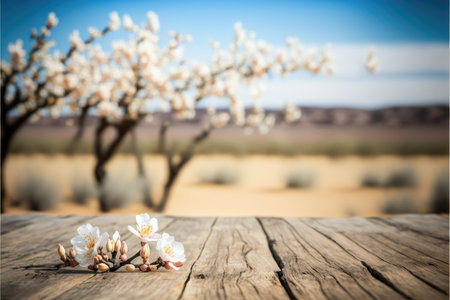 Focus empty wood table in blossom flower with blurred natural tree background. Concept of blank space for advertising product. Finest generative AI.の素材