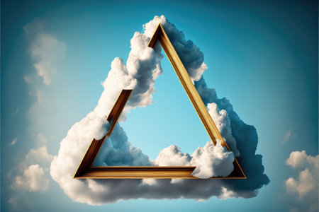 Frame made with covered white cloud in the sky in triangle shape. Concept of luxurious fantasy window. Finest generative AI.の素材
