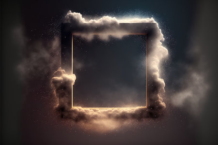 Abstract design of square shape clouds with dying colorful particles exploding. Concept of mystery outer over dark background with glowing light geometric design. Finest generative AI.の素材